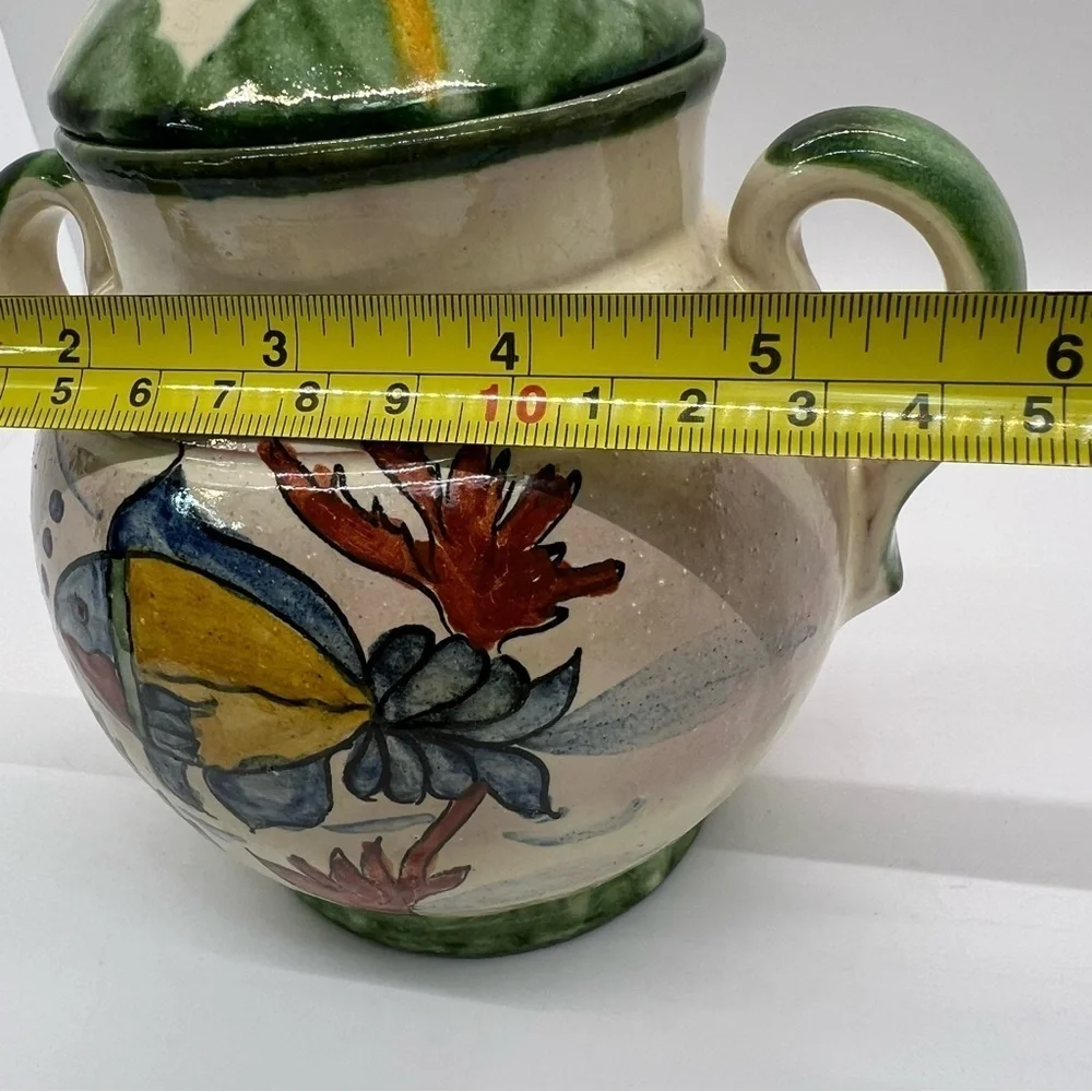Vtg Mexican Pottery Sugar Bowl w/lid Hand Painted Fish  Glazed, Artist Signed